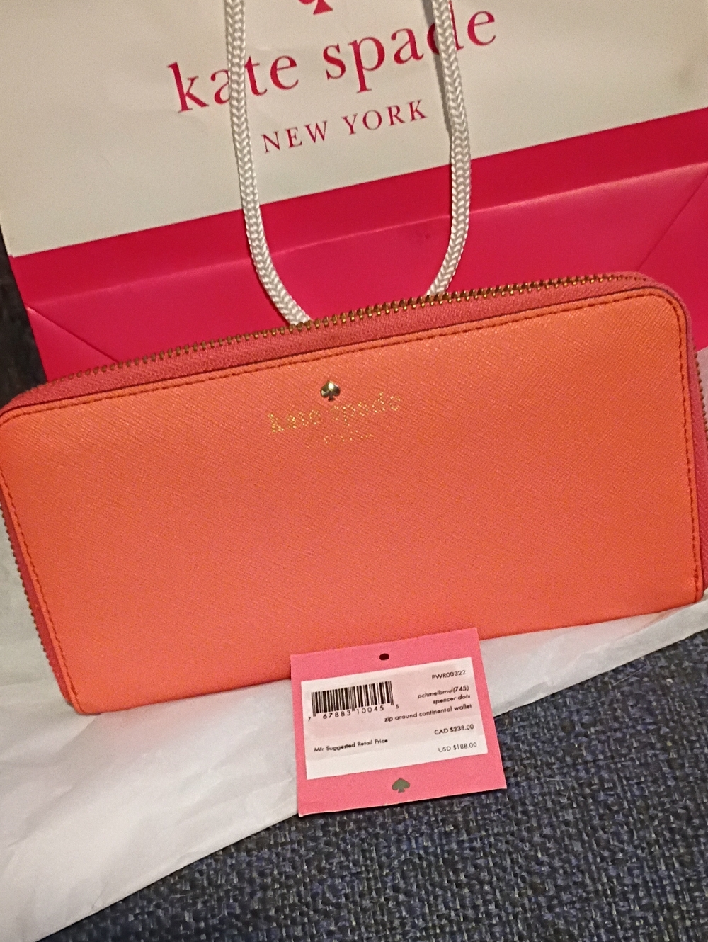 Kate Spade Peach Melba Saffiano Zip Wallet with Gold Accent